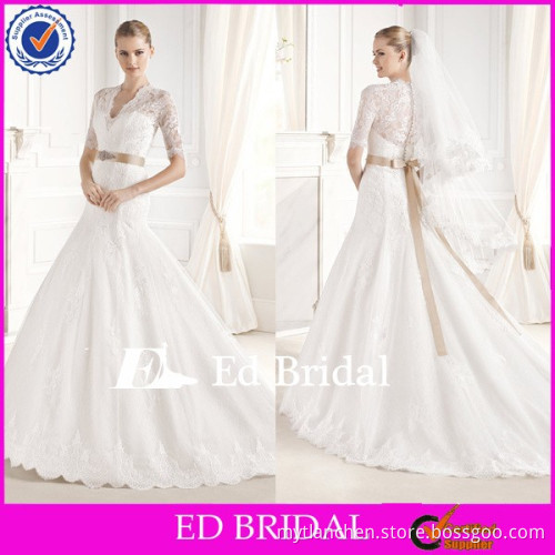 MG268 2015 Alibaba Lace V Neck 3/4 Sleeve Crystal Beaded Sash Covered Back Floor Length Muslim White Wedding Dress